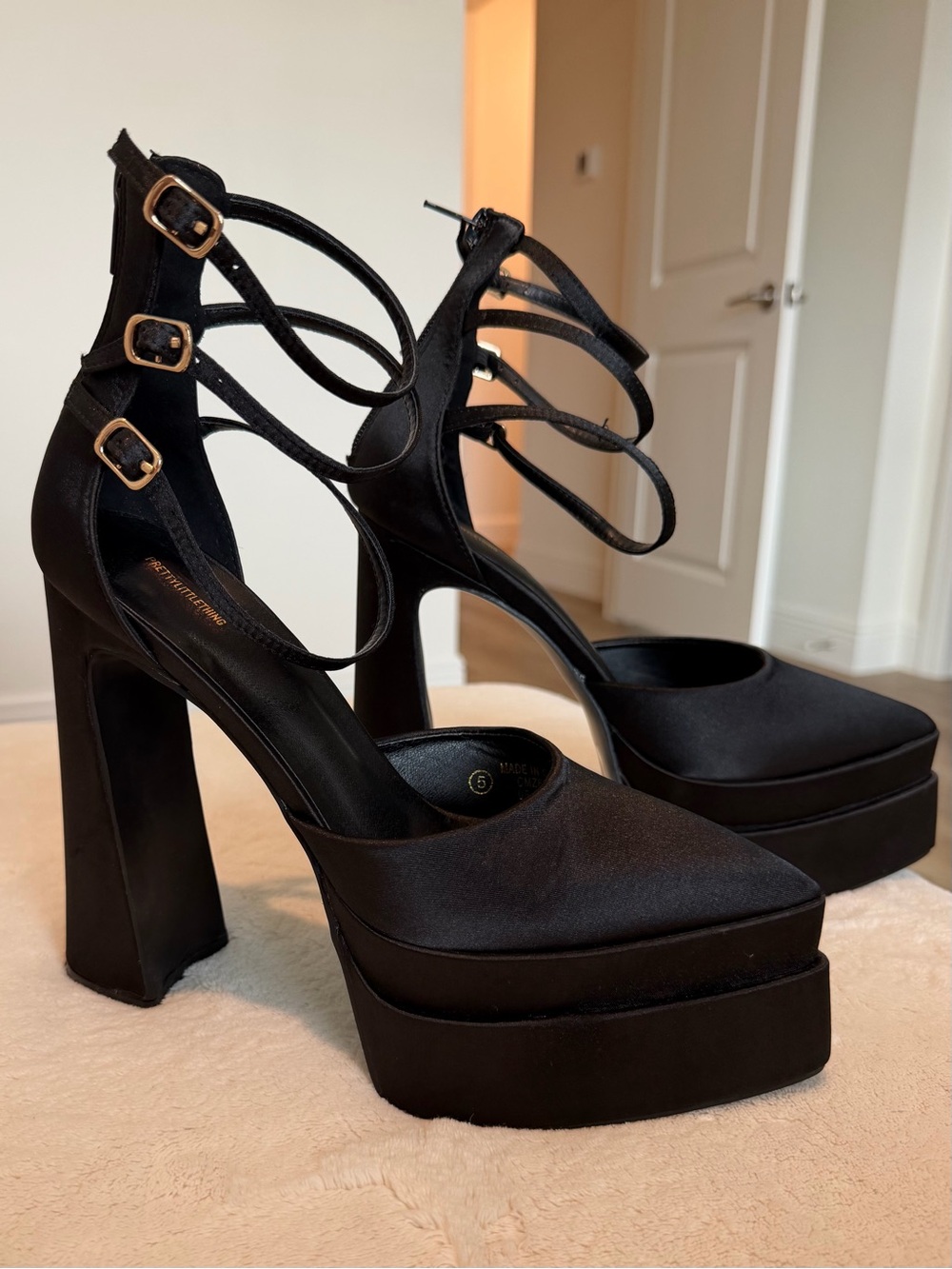 PrettyLittleThing Satin Double Platform Pointed Black Heels